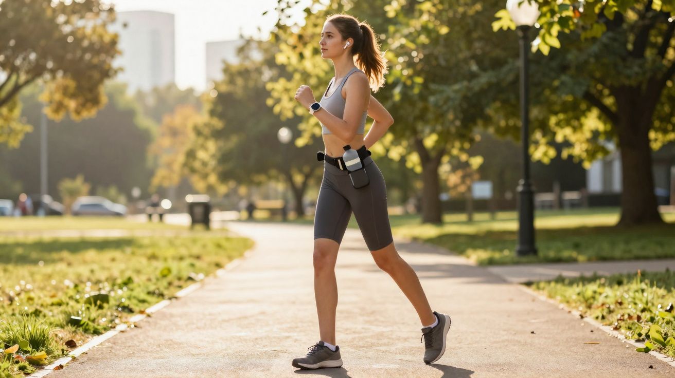 Young woman walking briskly in a sunny park wearing sportswear and headphones with a water bottle belt.