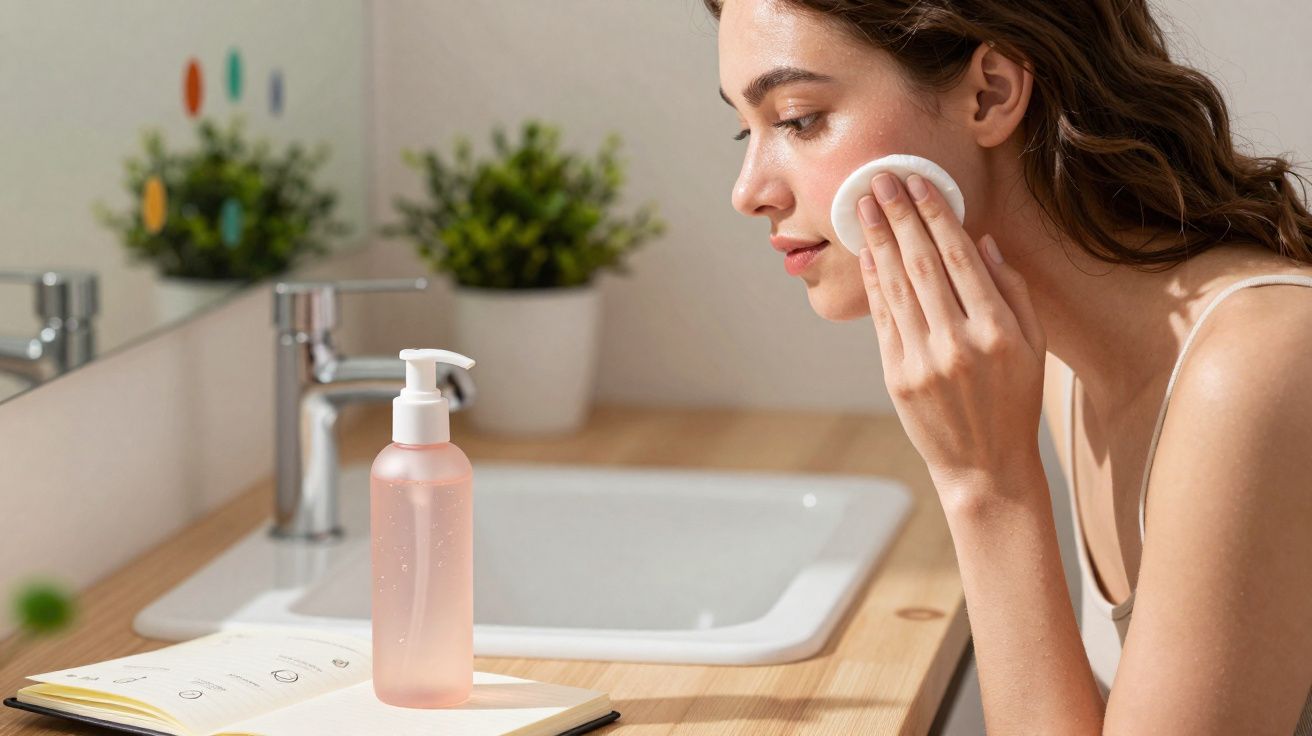 Woman using a cotton pad to apply skincare near a bathroom sink with a plant and lotion bottle on the counter.