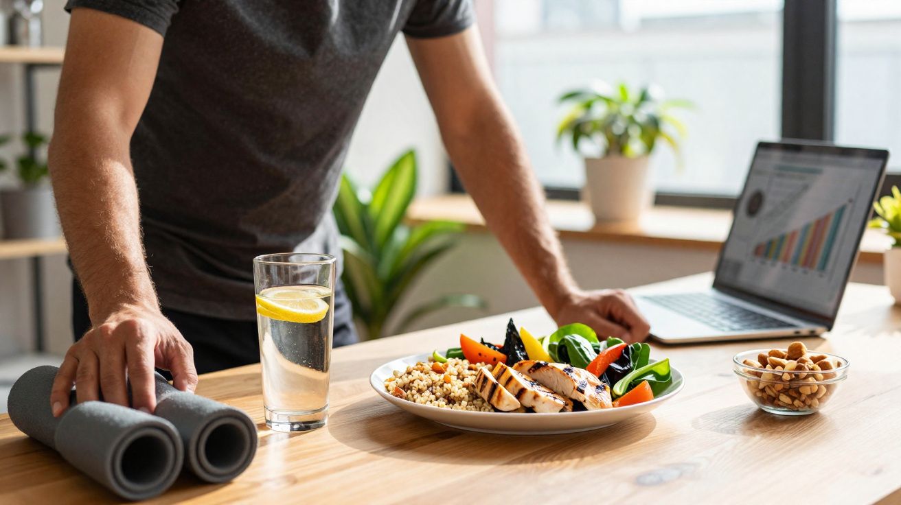 Person standing at a table with a healthy meal, glass of water with lemon, dumbbells, and open laptop.