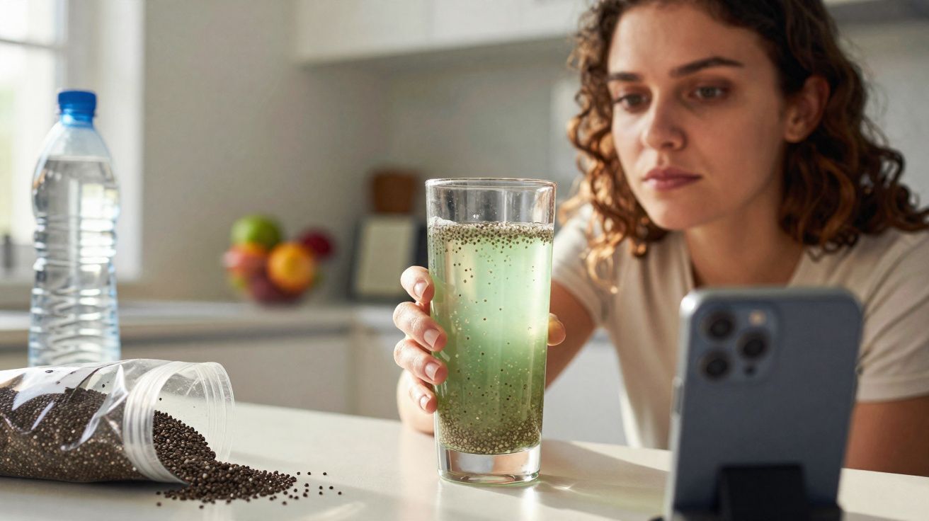 Woman holding a glass with chia seeds soaking in liquid while looking at a smartphone on a kitchen table.