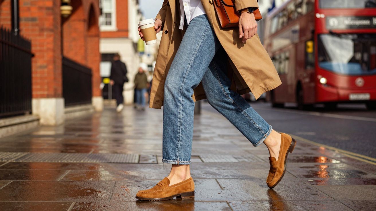 Person walking on wet city pavement wearing brown loafers and holding a takeaway coffee cup with a double-decker bus nearby