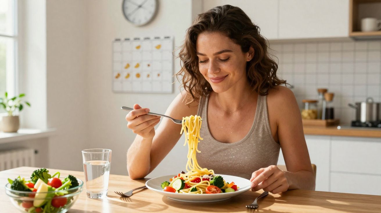 Woman sitting at a kitchen table eating spaghetti with vegetables, smiling and looking at her food.