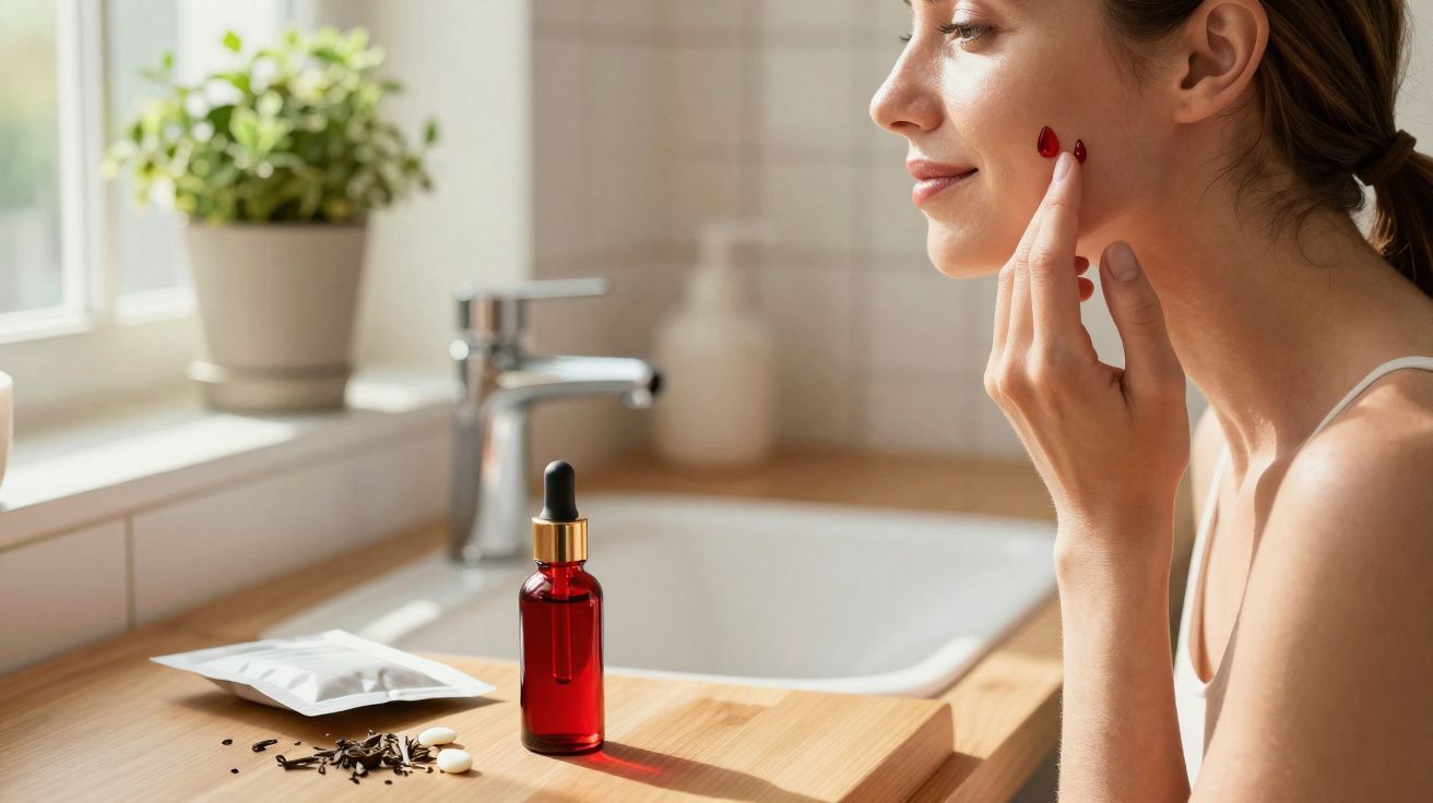 Woman applying red serum to her face in a bright bathroom with skincare products on the counter.
