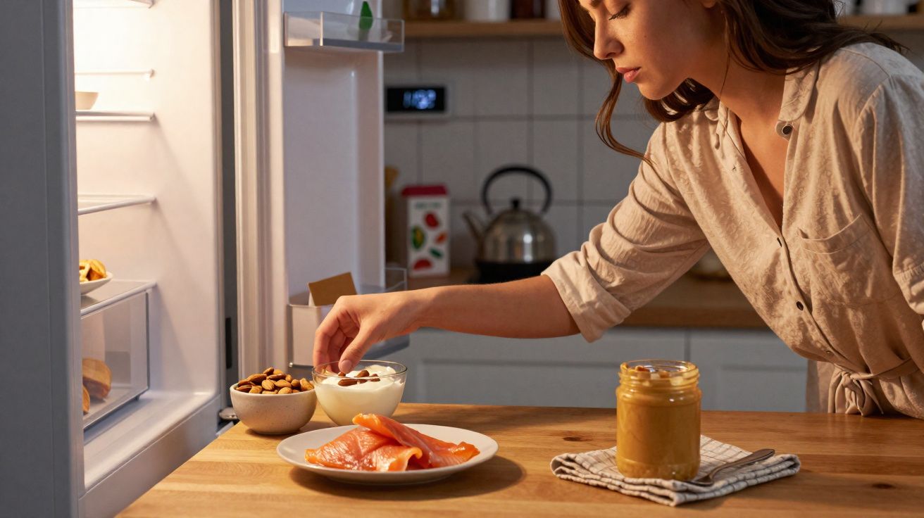 Woman taking almonds from a bowl next to a plate of smoked salmon in a kitchen with open fridge door.