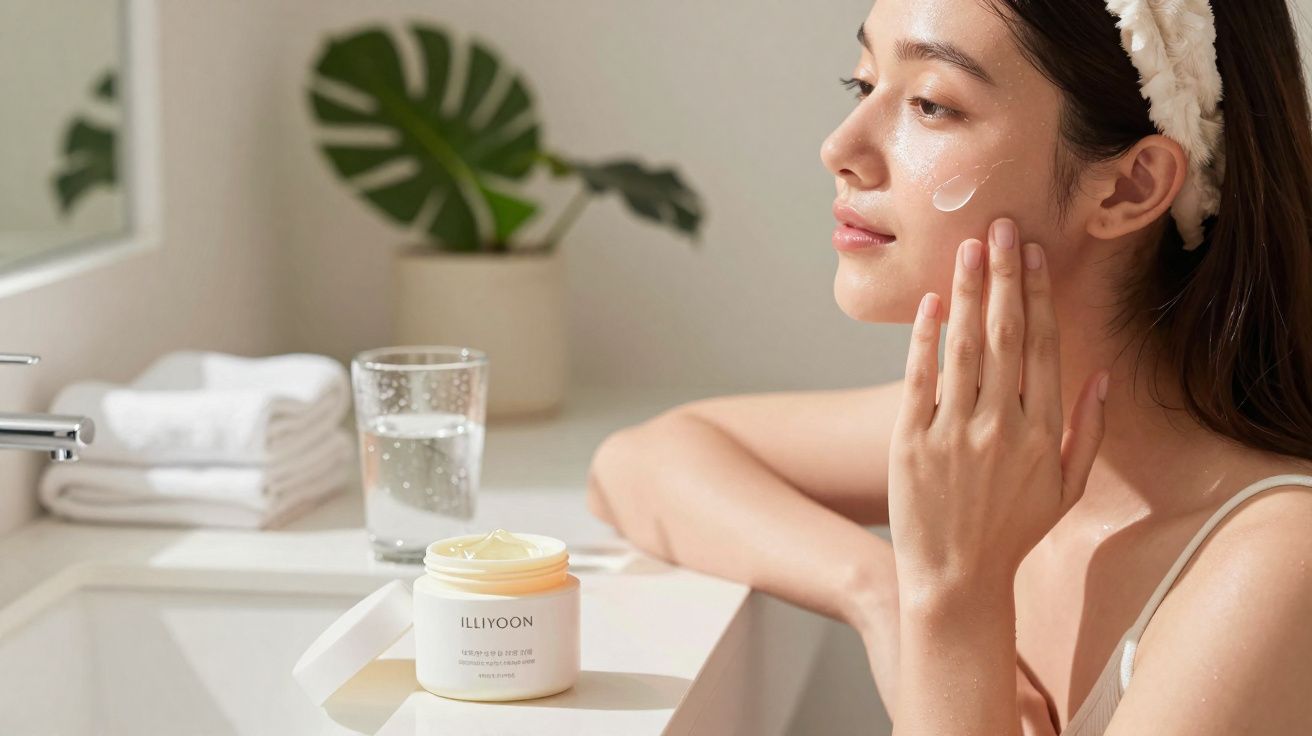 Young woman with headband applying cream to her cheek in a bright bathroom with skincare jar nearby