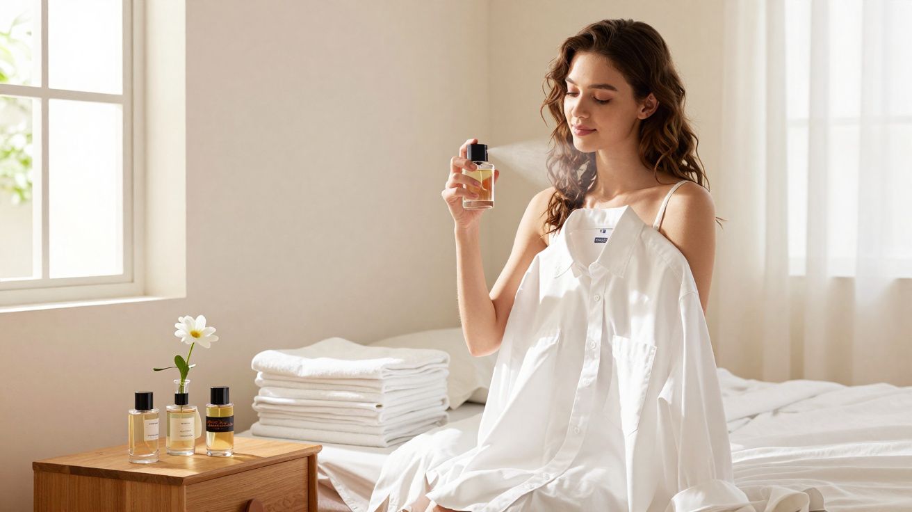 Woman sitting on bed holding a perfume bottle and smelling it, with folded white linens and flowers on a bedside table.