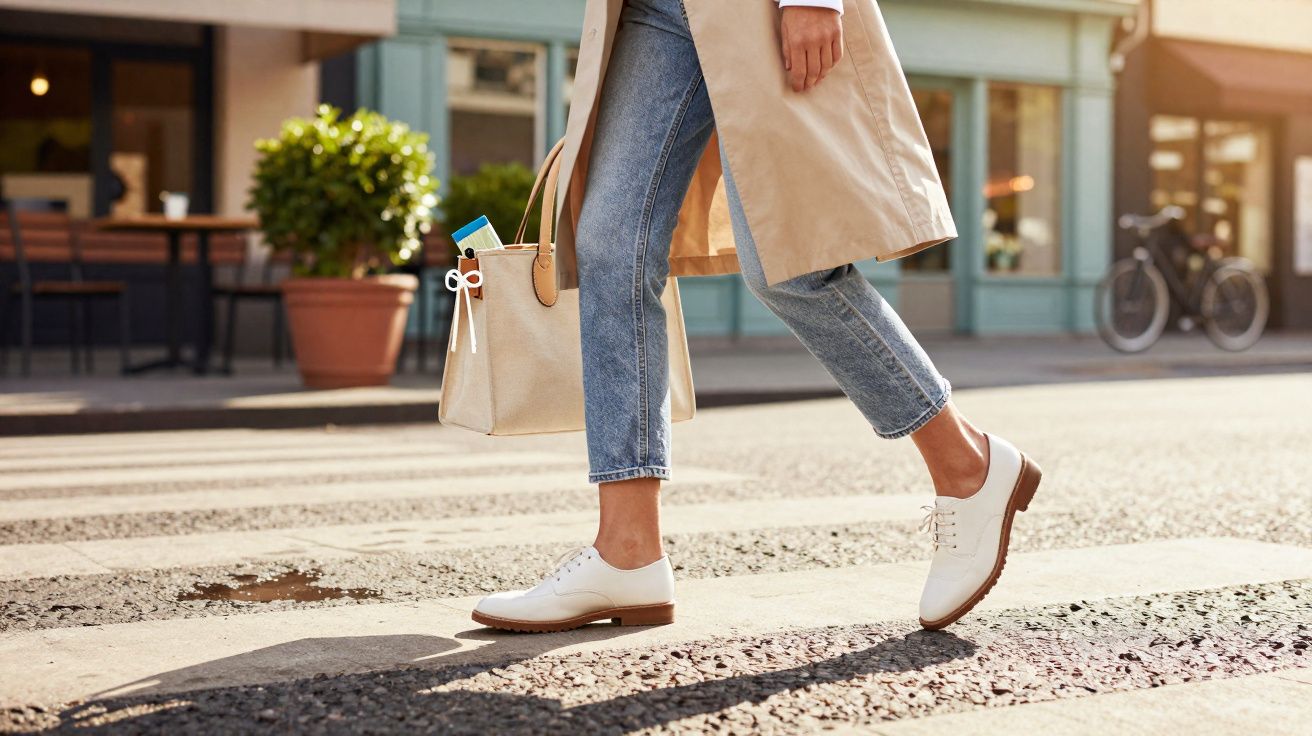 Person wearing white shoes and jeans crossing a sunlit street with a beige bag and coat