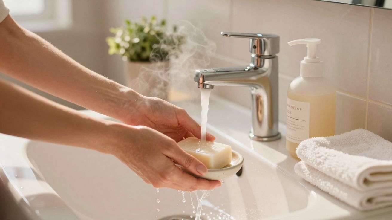 Hands holding a soap dish under steaming running water from a modern bathroom faucet over a white sink.
