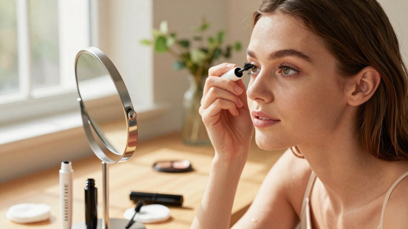 Young woman applying mascara while sitting at a wooden dressing table with a round mirror and makeup.