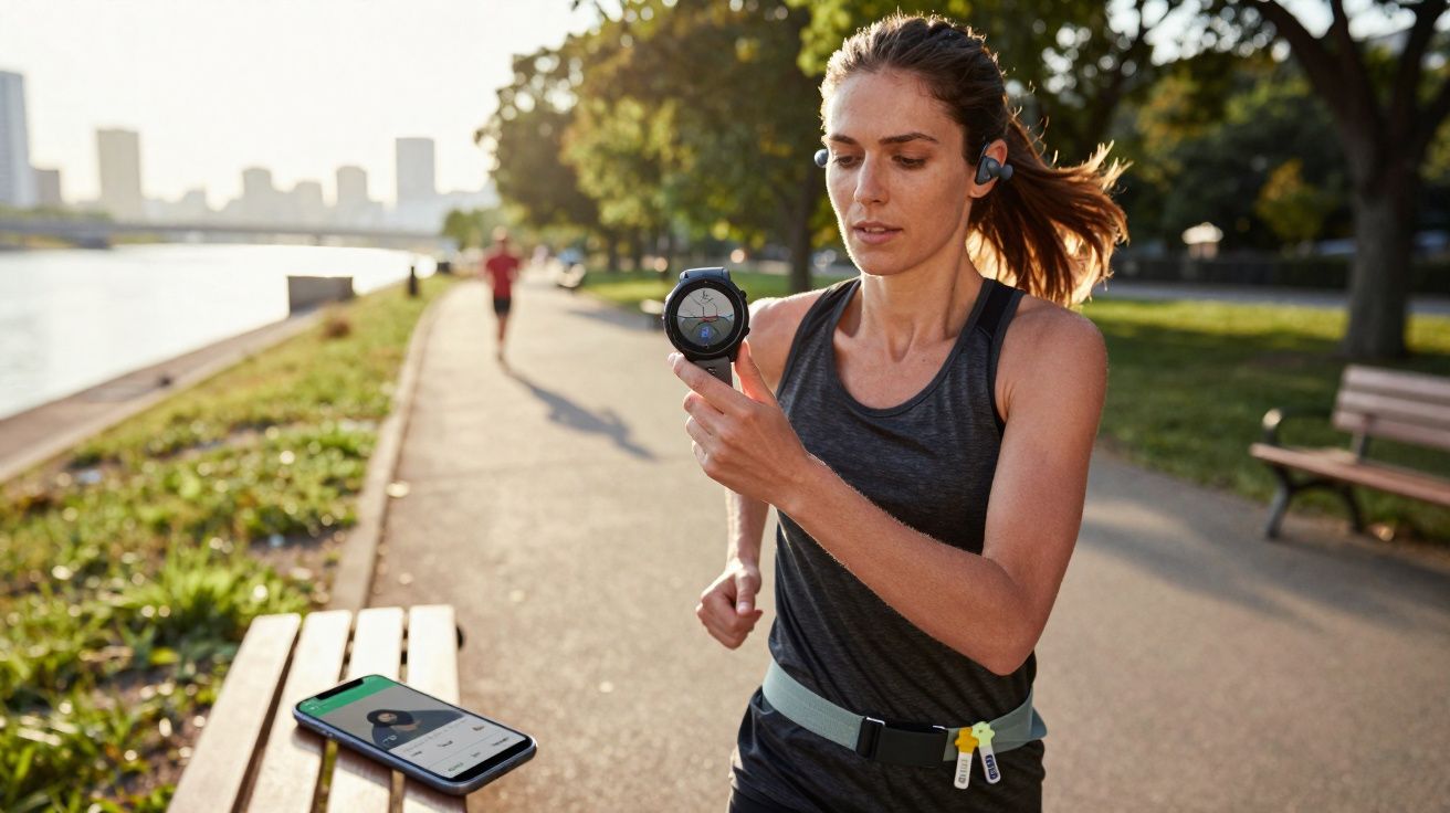 Woman running outdoors by the river checking her smartwatch, with phone on a bench nearby.