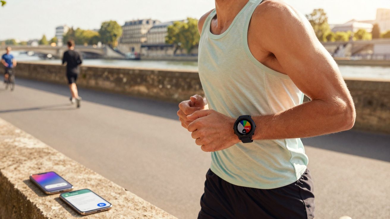 Man wearing a fitness watch jogging outdoors near a stone wall with smartphones placed on it.
