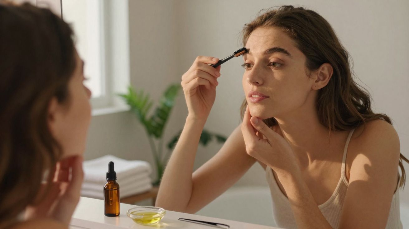 Young woman applying eyebrow serum using a spoolie brush while looking in the bathroom mirror.