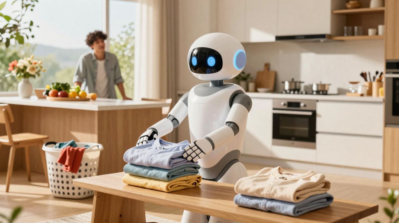 Robot folding laundry in a modern kitchen with a person watching in the background.