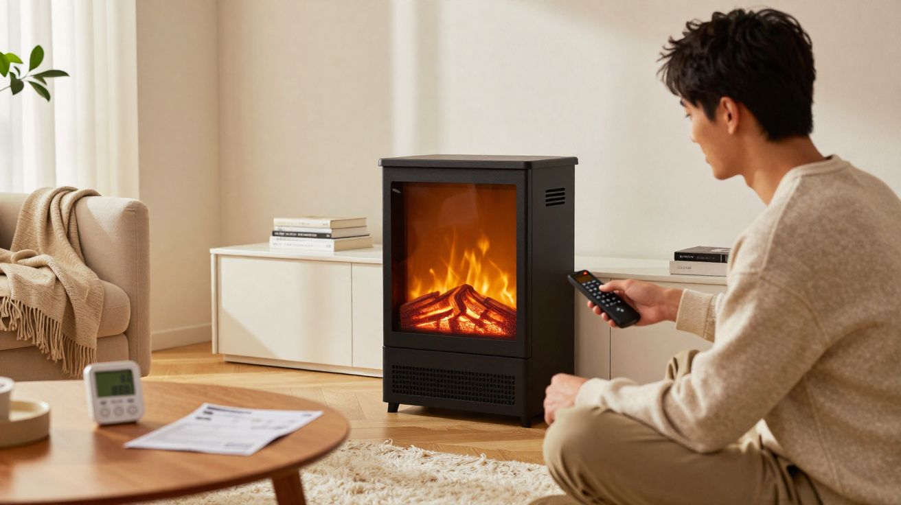 Man using remote control to operate electric fireplace in cosy living room with neutral decor.