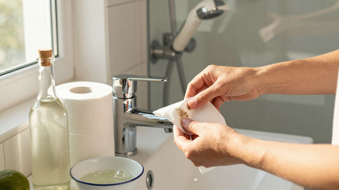 Person cleaning a modern bathroom tap with a cloth, with a bowl, paper towel roll, and bottle nearby.