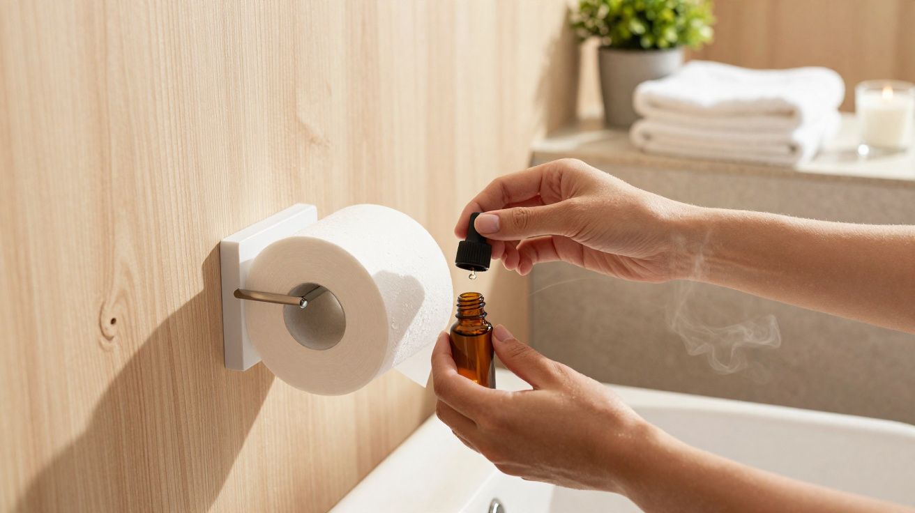 Person adding essential oil drops to a toilet paper roll holder in a bathroom setting.