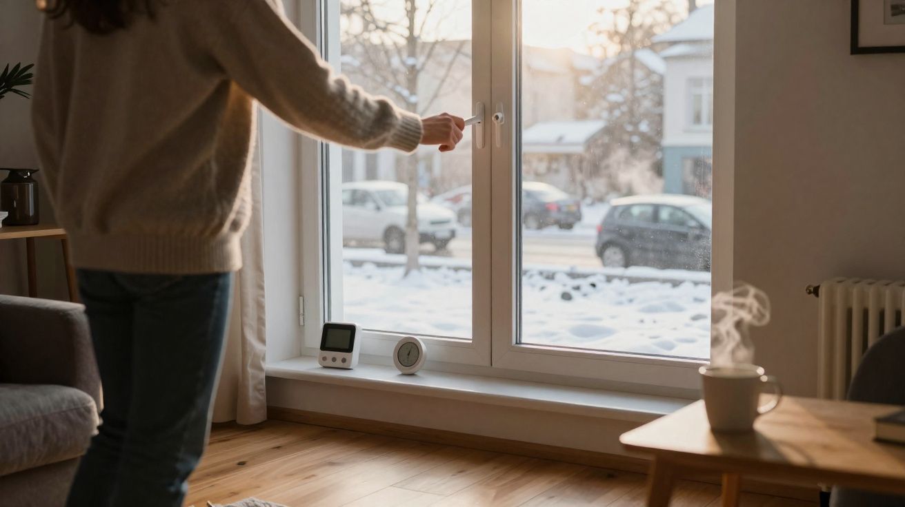Person opening a double-glazed window in a cozy room with snow outside and a steaming cup on a wooden table.