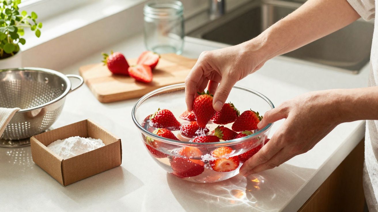 Hands washing fresh strawberries in a glass bowl filled with water on a kitchen countertop.