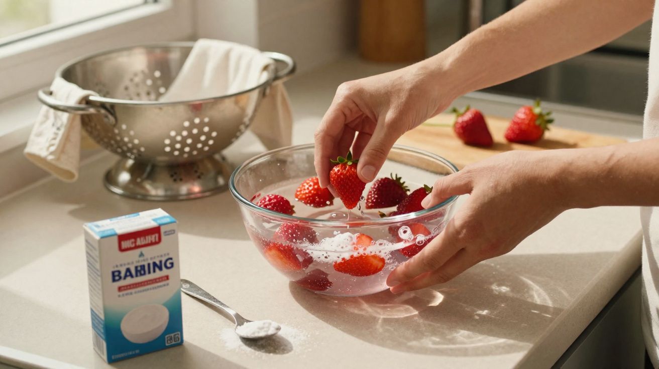 Hands washing strawberries in a glass bowl with baking soda and water on a kitchen counter next to a colander.