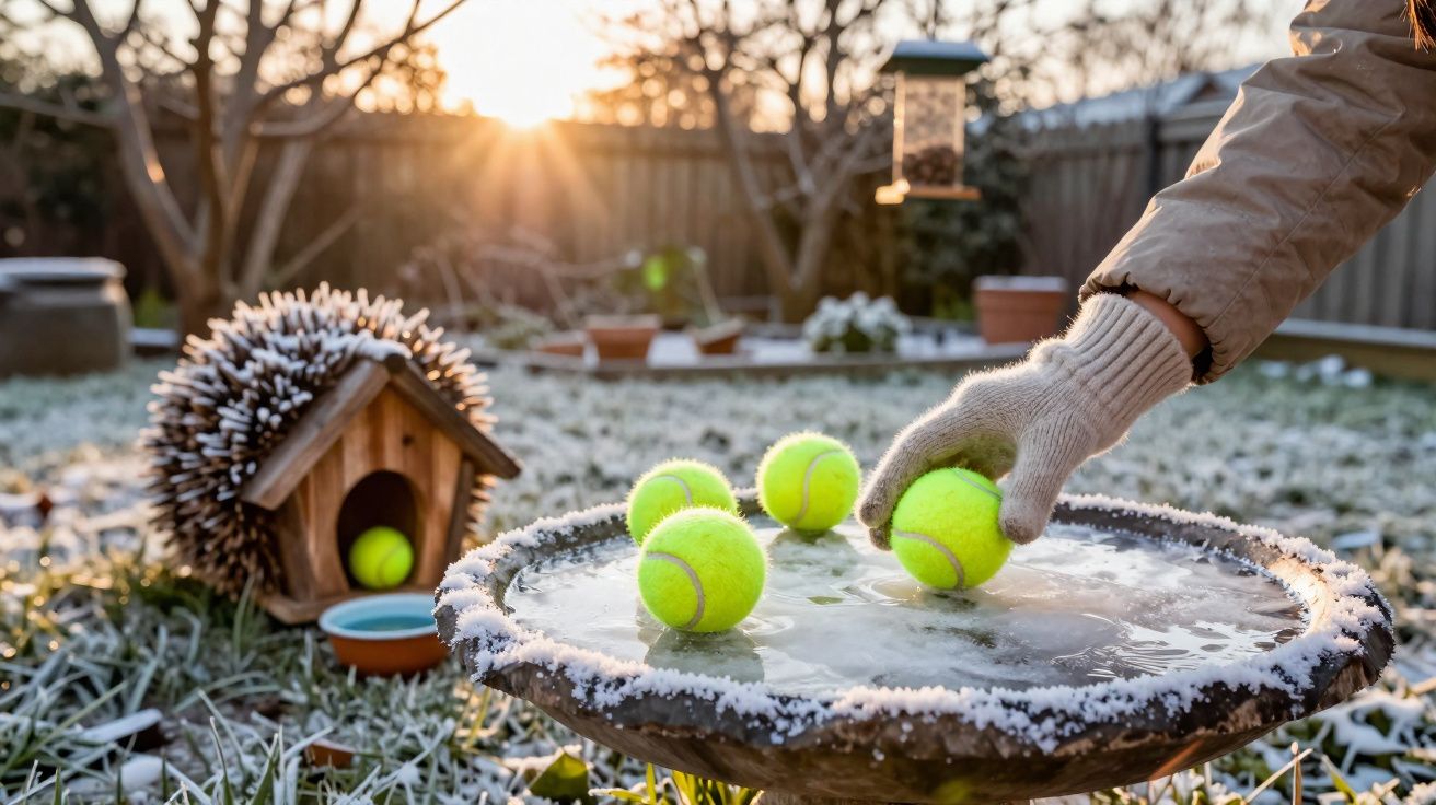 Gloved hand placing a tennis ball on a frosty birdbath with more balls beside a wooden hedgehog house at sunrise.