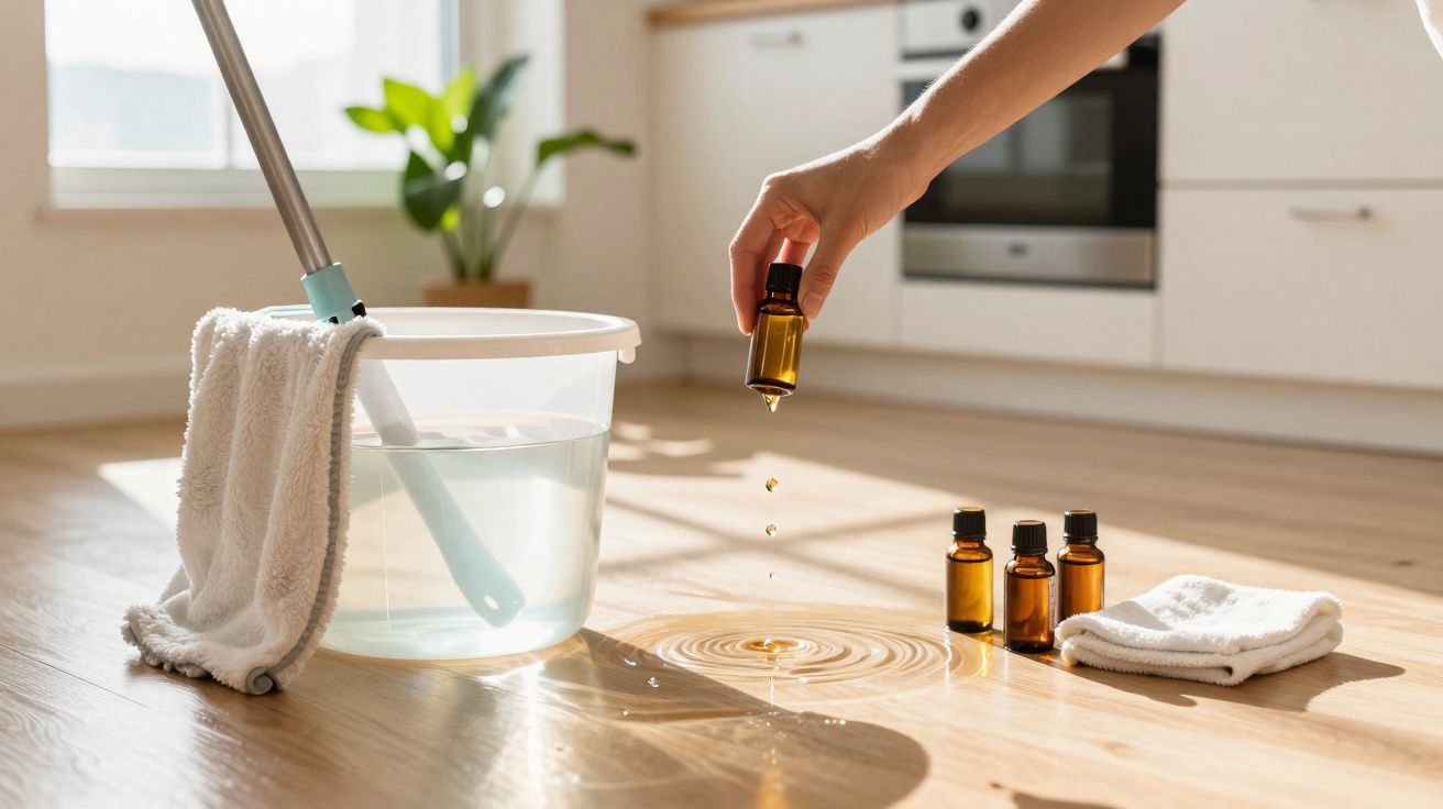 Hand dripping essential oil into water bucket with mop and towel on wooden floor in bright room.