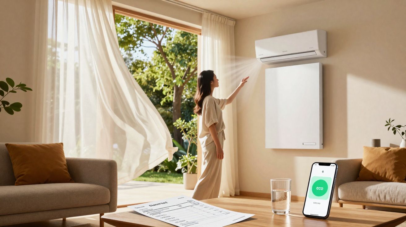 Woman adjusting wall-mounted air conditioner in bright living room with eco mode shown on smartphone screen.
