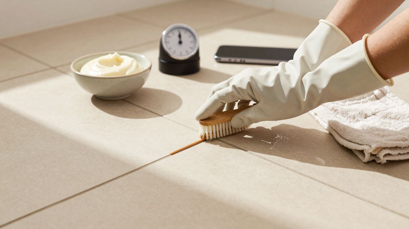Hand wearing rubber glove scrubbing grout between beige floor tiles with brush, cream, timer, and cloth nearby.