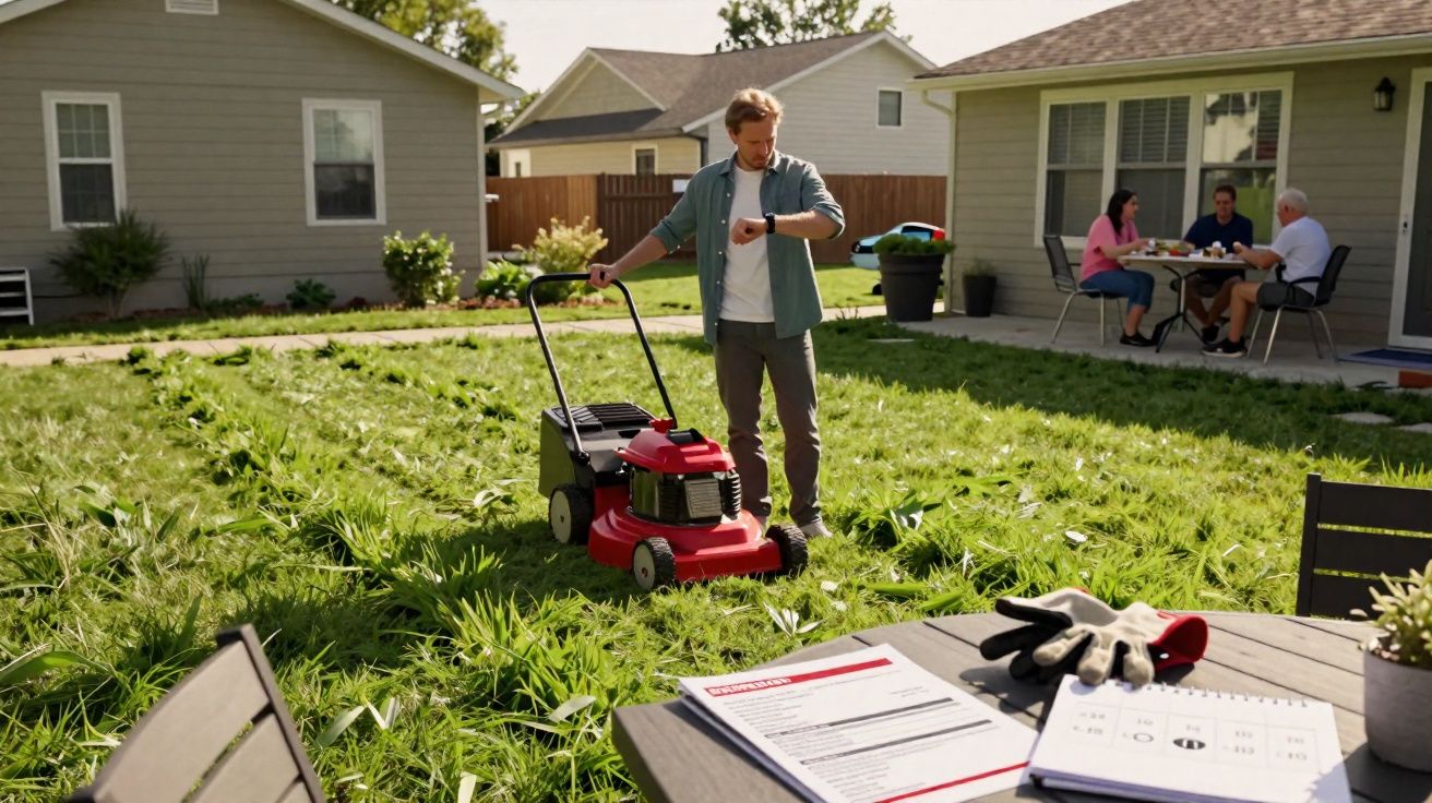 Man checking watch while standing with a red lawnmower on overgrown grass in a suburban backyard.