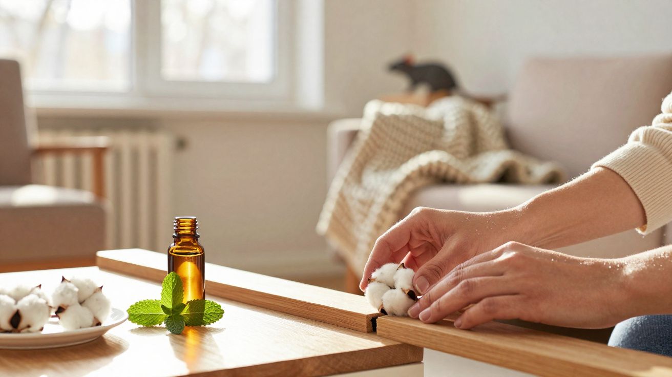 Hands holding cotton buds near a small amber essential oil bottle on a wooden table in a cosy living room.
