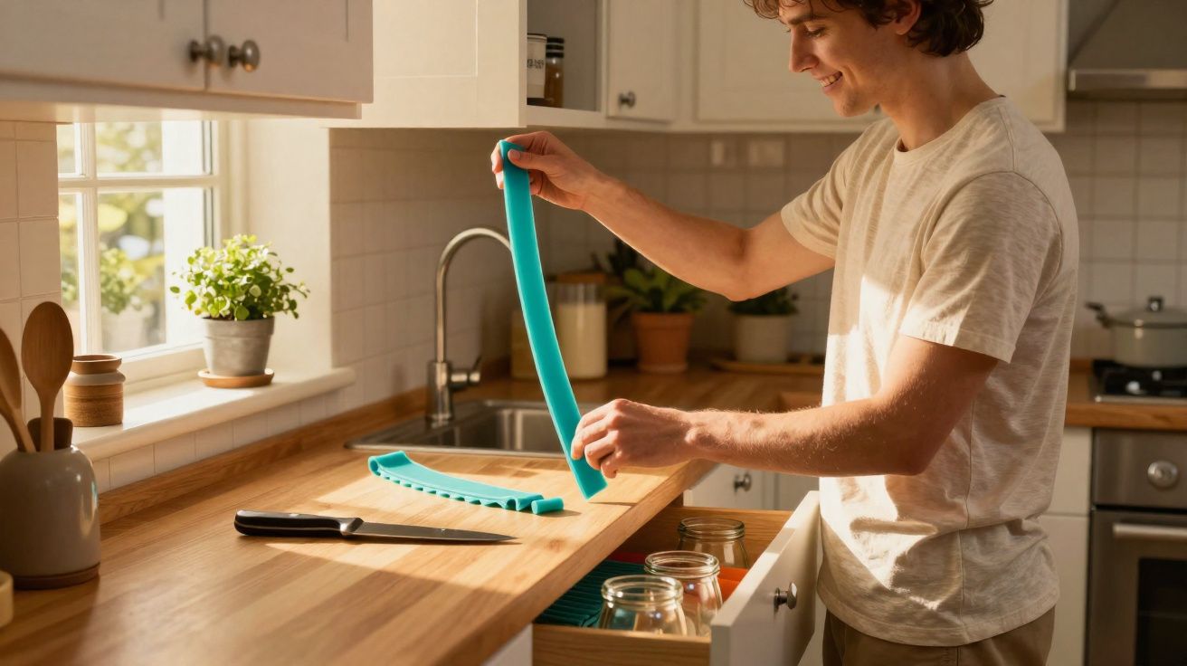 Young man assembling blue silicone kitchen gadget on wooden countertop near window in bright kitchen
