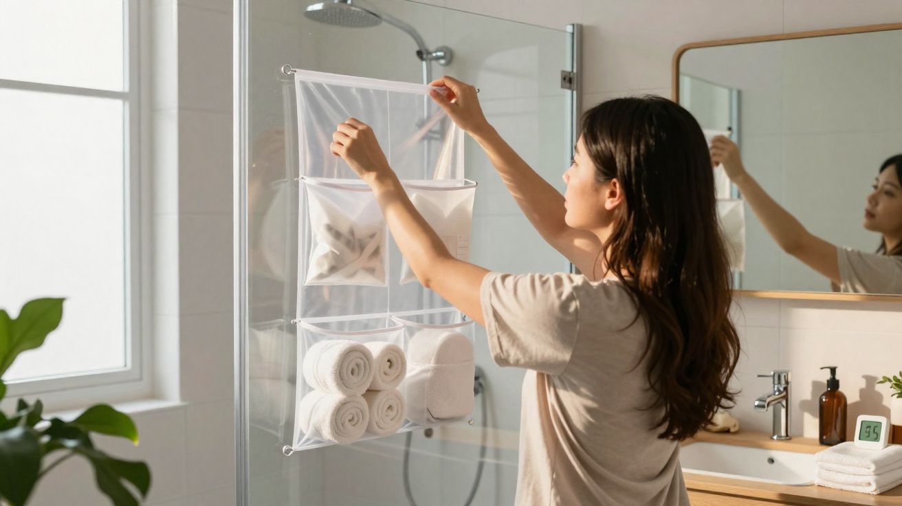 Woman organising rolled towels and toiletries in clear hanging bathroom storage rack by shower.