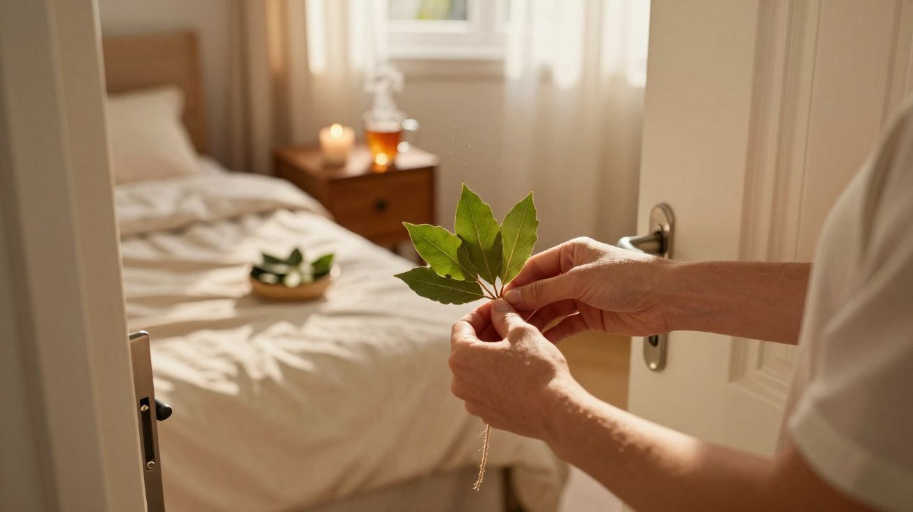 Person holding fresh green bay leaves standing in doorway of softly lit bedroom with white curtains and bed.