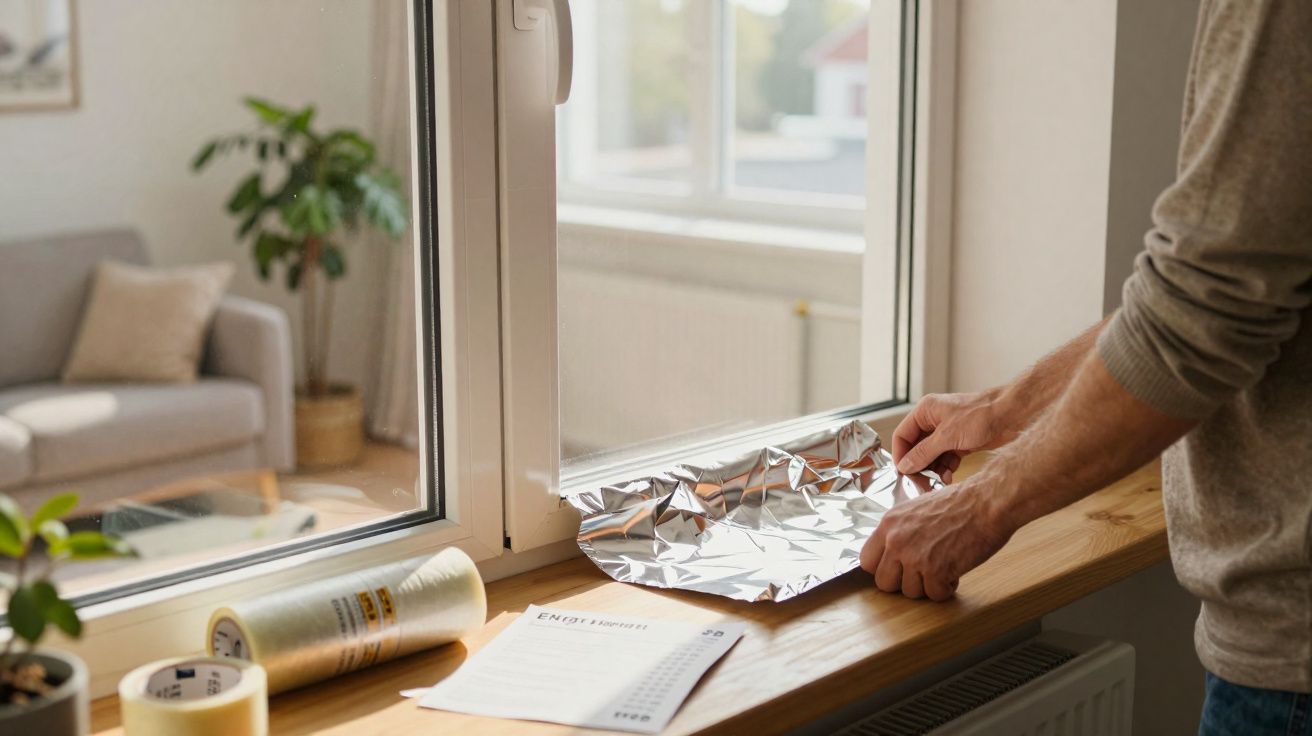 Person covering a window sill with aluminium foil in a bright living room.