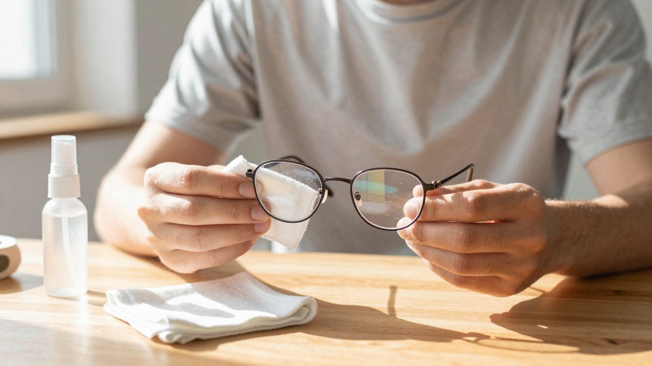 Person cleaning eyeglasses with cloth at a wooden table beside a spray bottle in natural light.