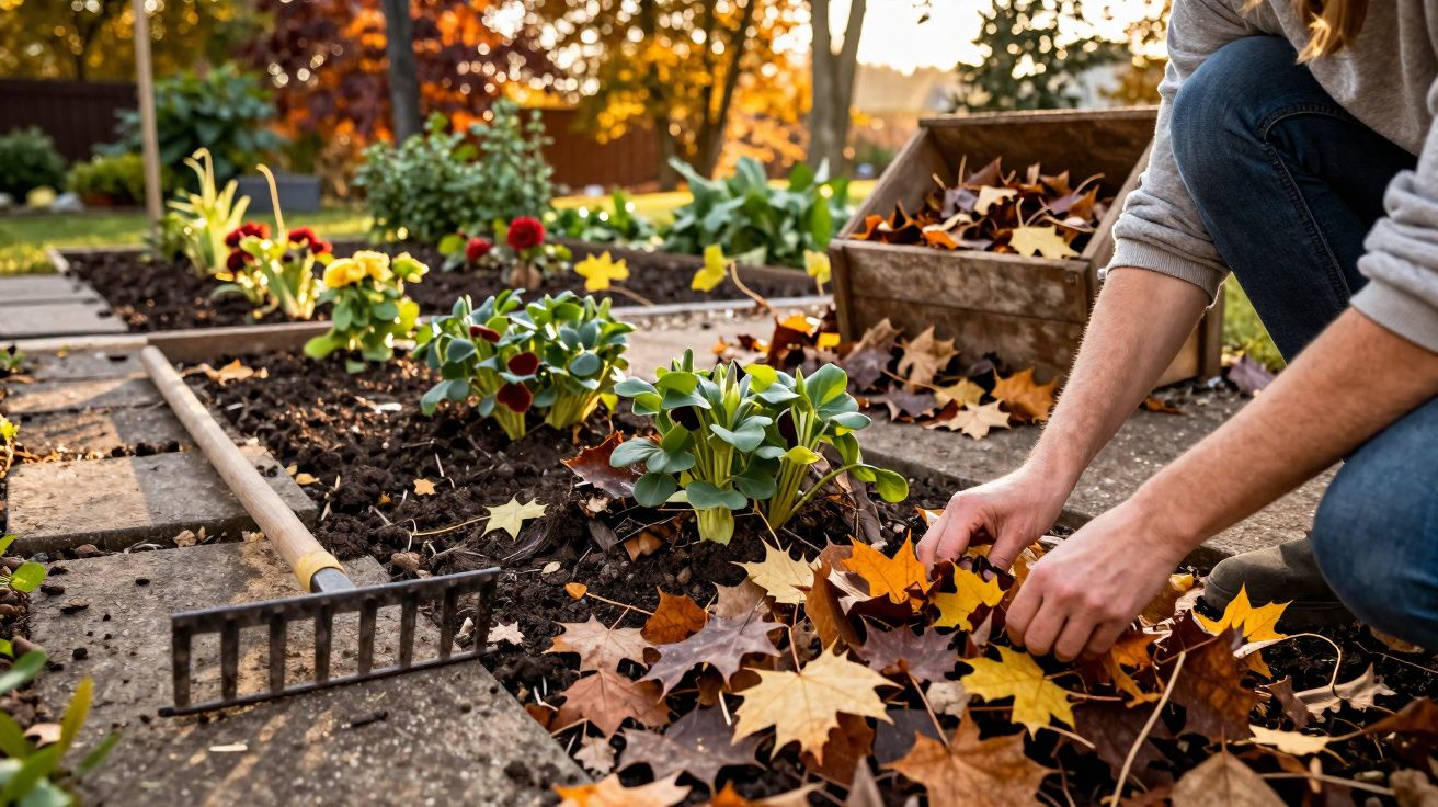 Person clearing autumn leaves from a flower bed in a garden at sunset.