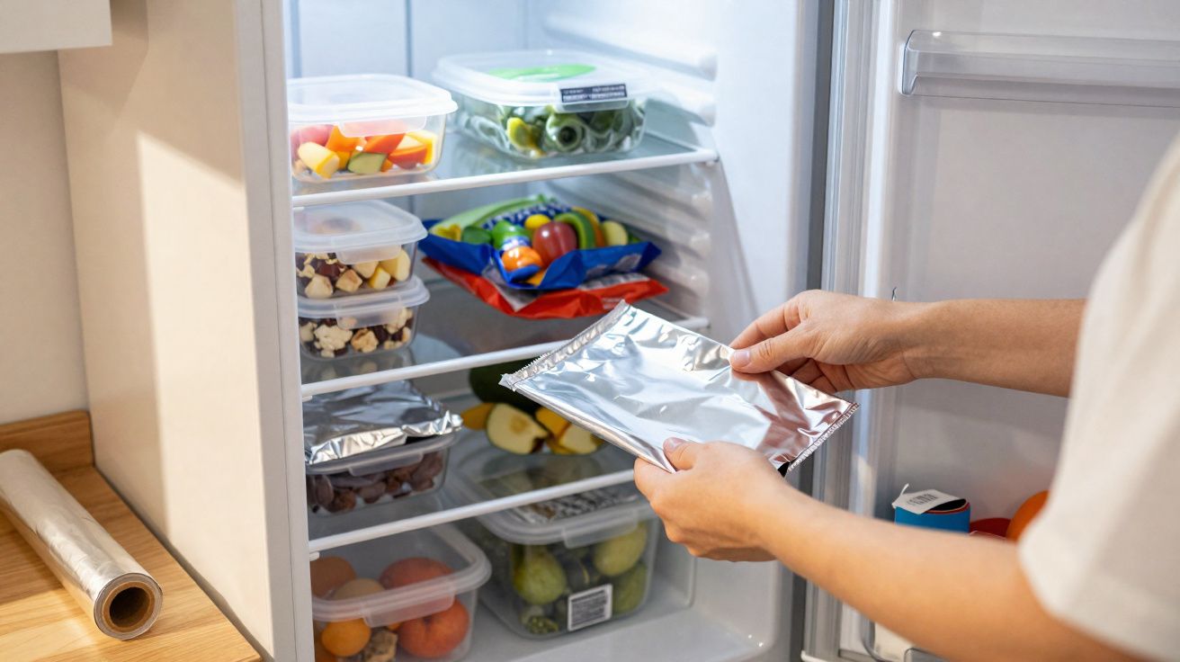 Hands placing a foil-covered food container inside a fridge filled with prepared meals and fresh vegetables.