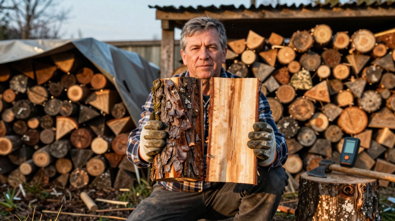 Man in gloves holding a split log showing rough bark and smooth inner wood with stacked firewood in background.