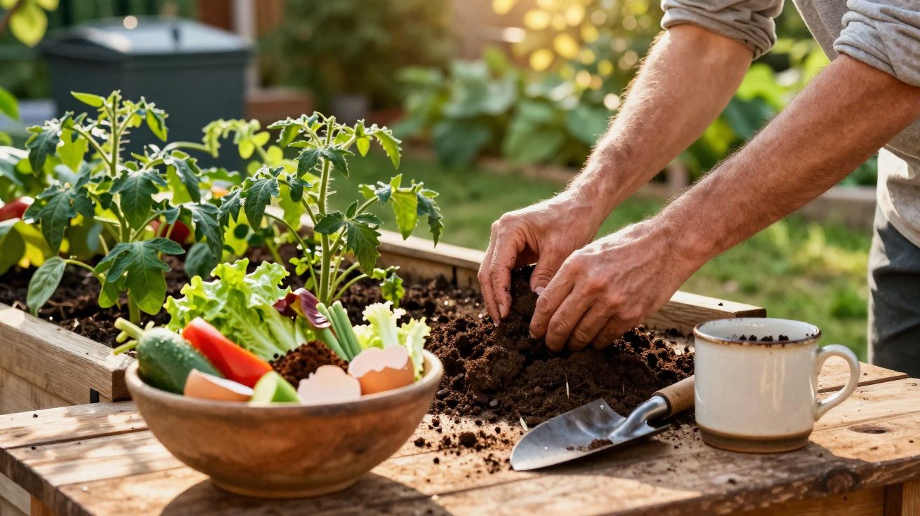 Person planting seedlings in a garden bed with a bowl of fresh vegetables and a cup nearby in sunlight.