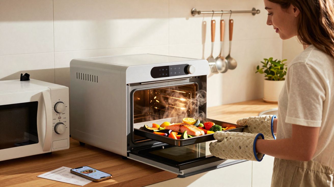 Woman using oven mitts to take a tray of cooked vegetables and salmon out of a countertop oven in a kitchen.