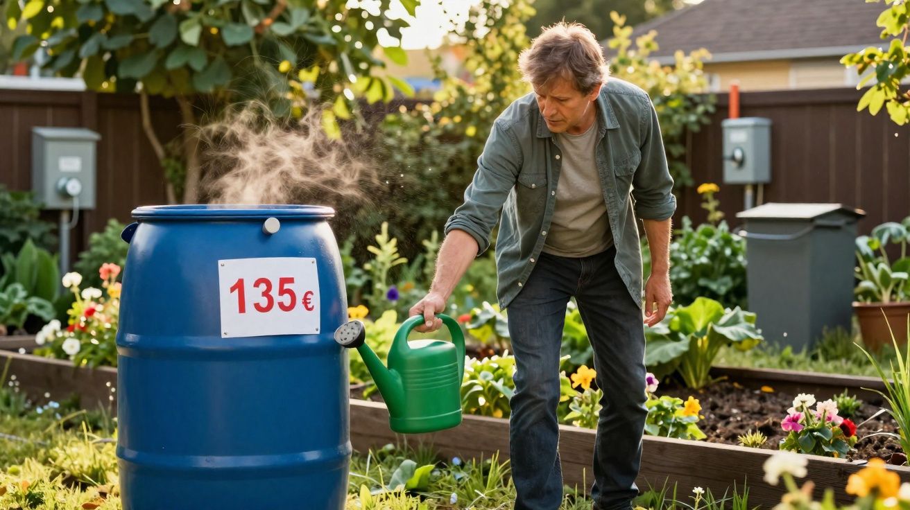 Man watering garden near blue barrel with 135€ price tag on a sunny day in a backyard garden.