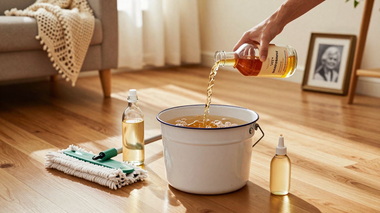 Hand pouring cleaning solution into white bucket on wooden floor with mop and bottles nearby in sunny room