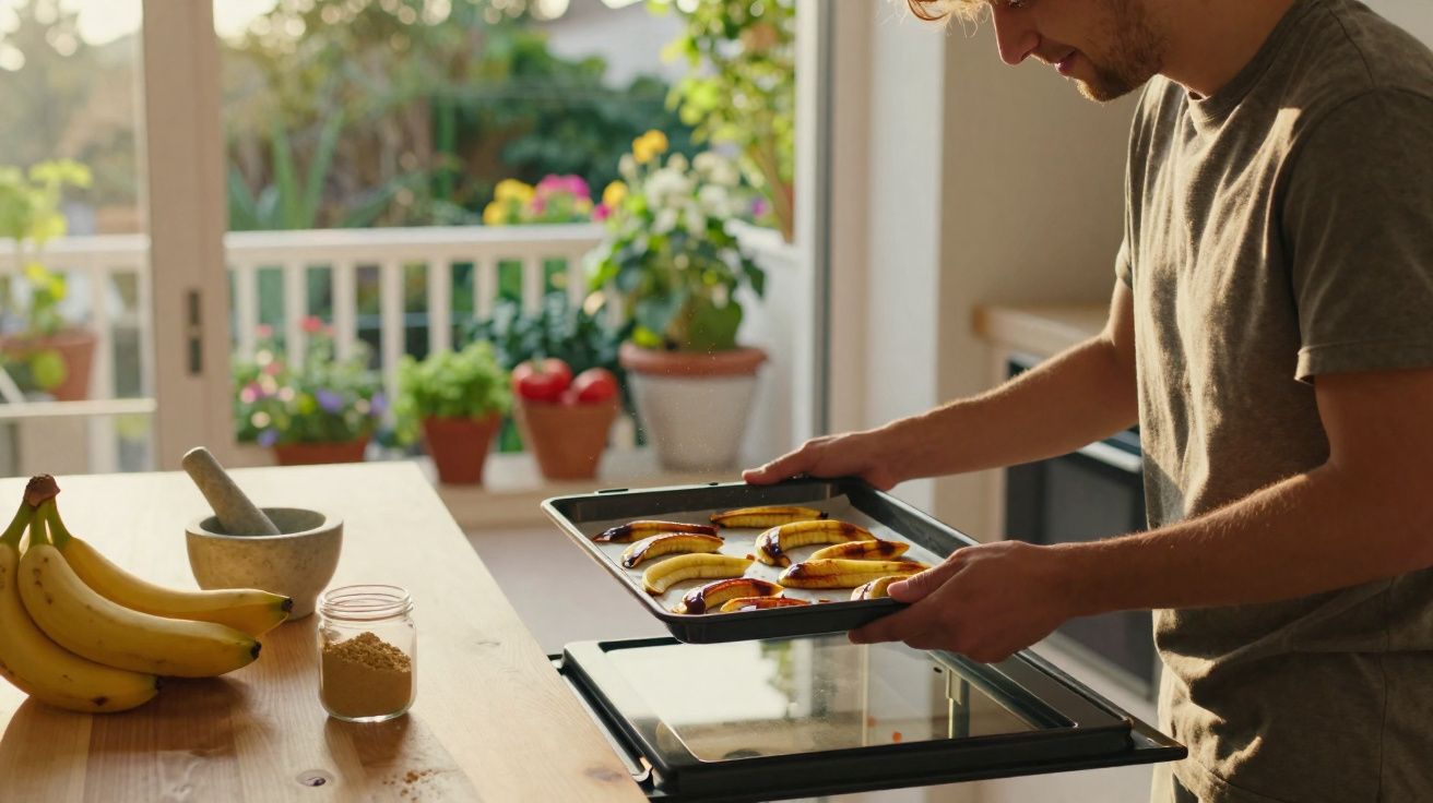 Person placing a tray of roasted banana slices into an oven in a sunlit kitchen with plants on the windowsill.