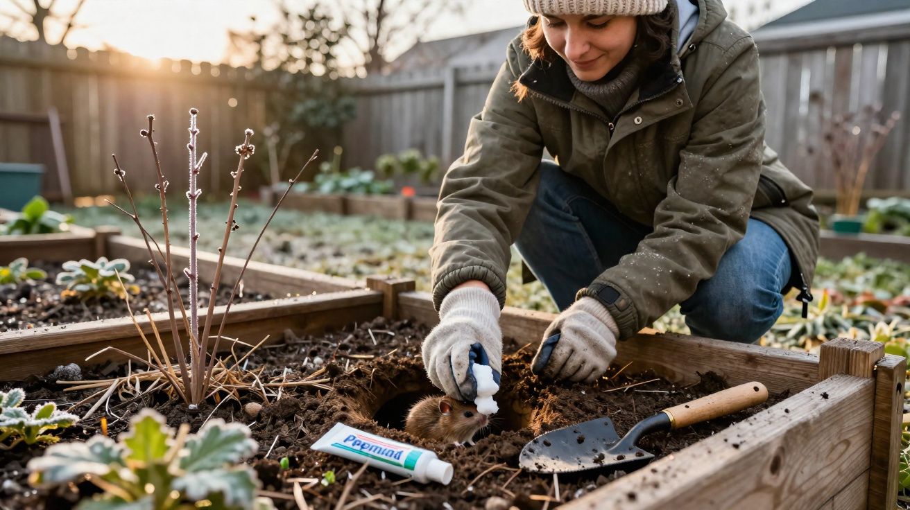 Person wearing gloves and a knit hat feeding a small animal with a dropper in a garden bed at sunset.