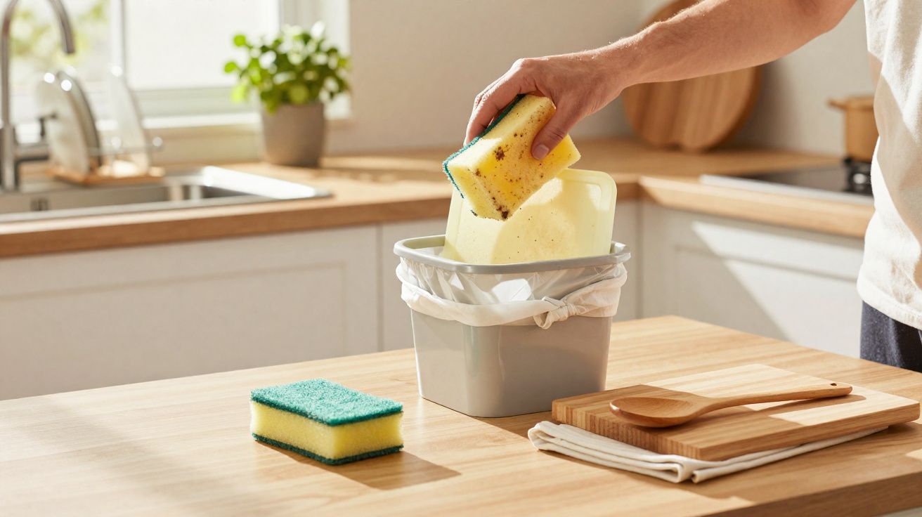 Hand placing a used yellow and green sponge into a small grey kitchen bin on a wooden countertop.
