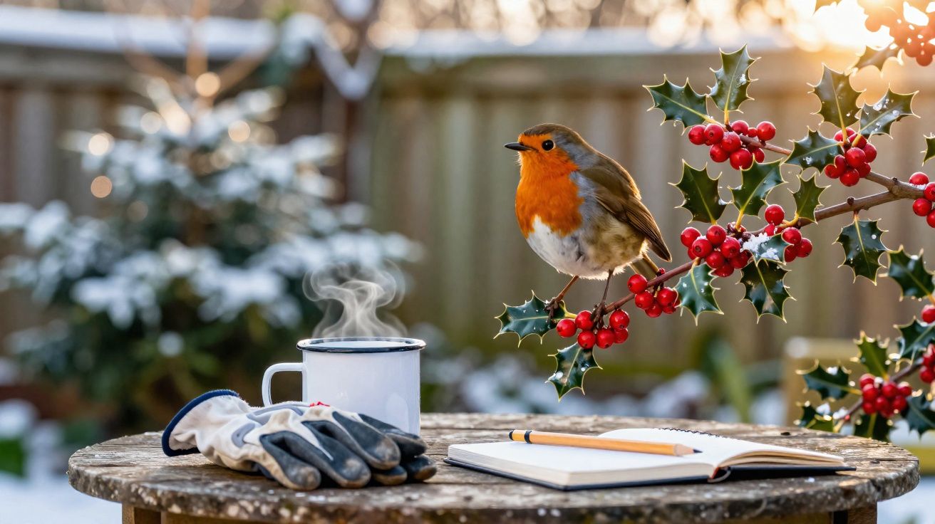 Robin perched on holly branch beside steaming mug, gloves, and notebook on a snowy garden table.