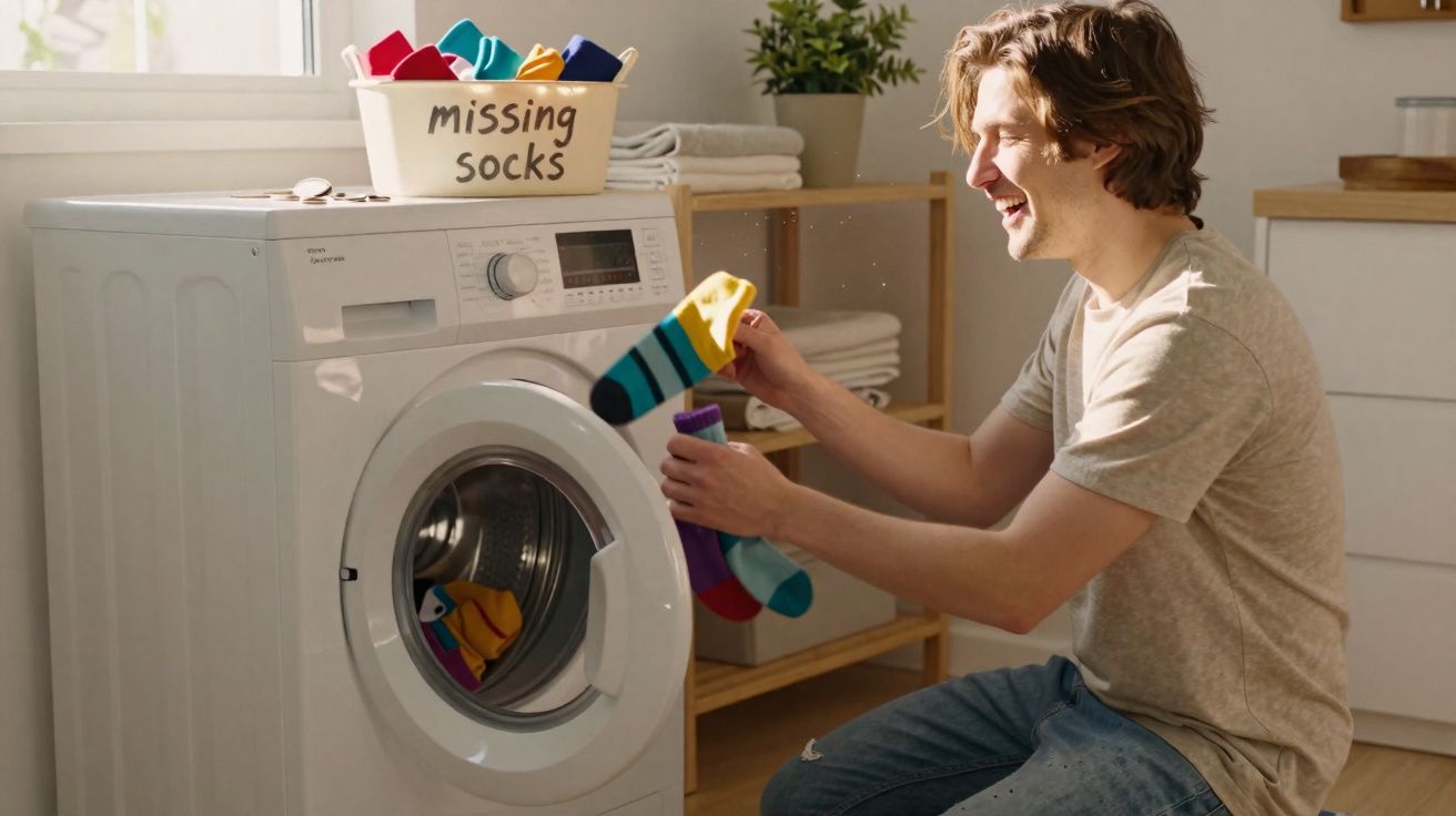 Man kneeling by a washing machine sorting colourful socks into a basket labelled missing socks in a bright laundry room.
