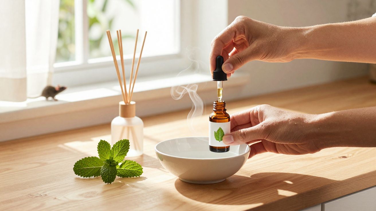Hands holding a dropper bottle adding essential oil into a steaming bowl on a wooden surface by a window.