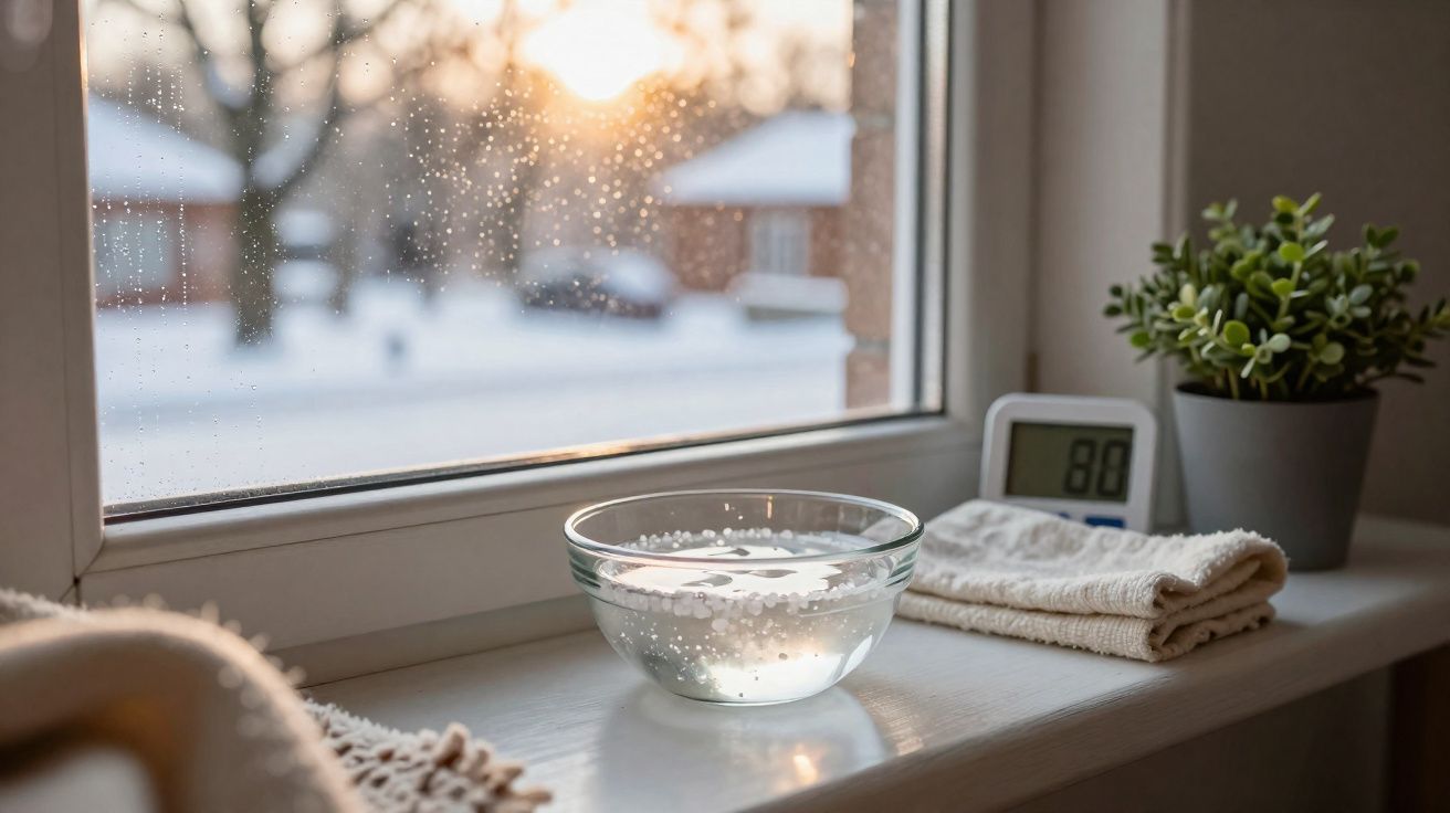 Glass bowl of water, folded towels, a digital thermometer, and plant on a windowsill with a snowy view outside.