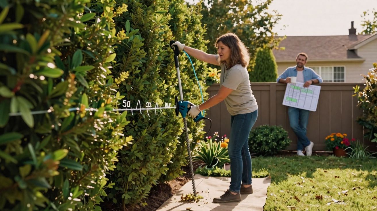 Woman using an electric hedge trimmer to trim bushes in a garden with a man holding a garden plan in the background.