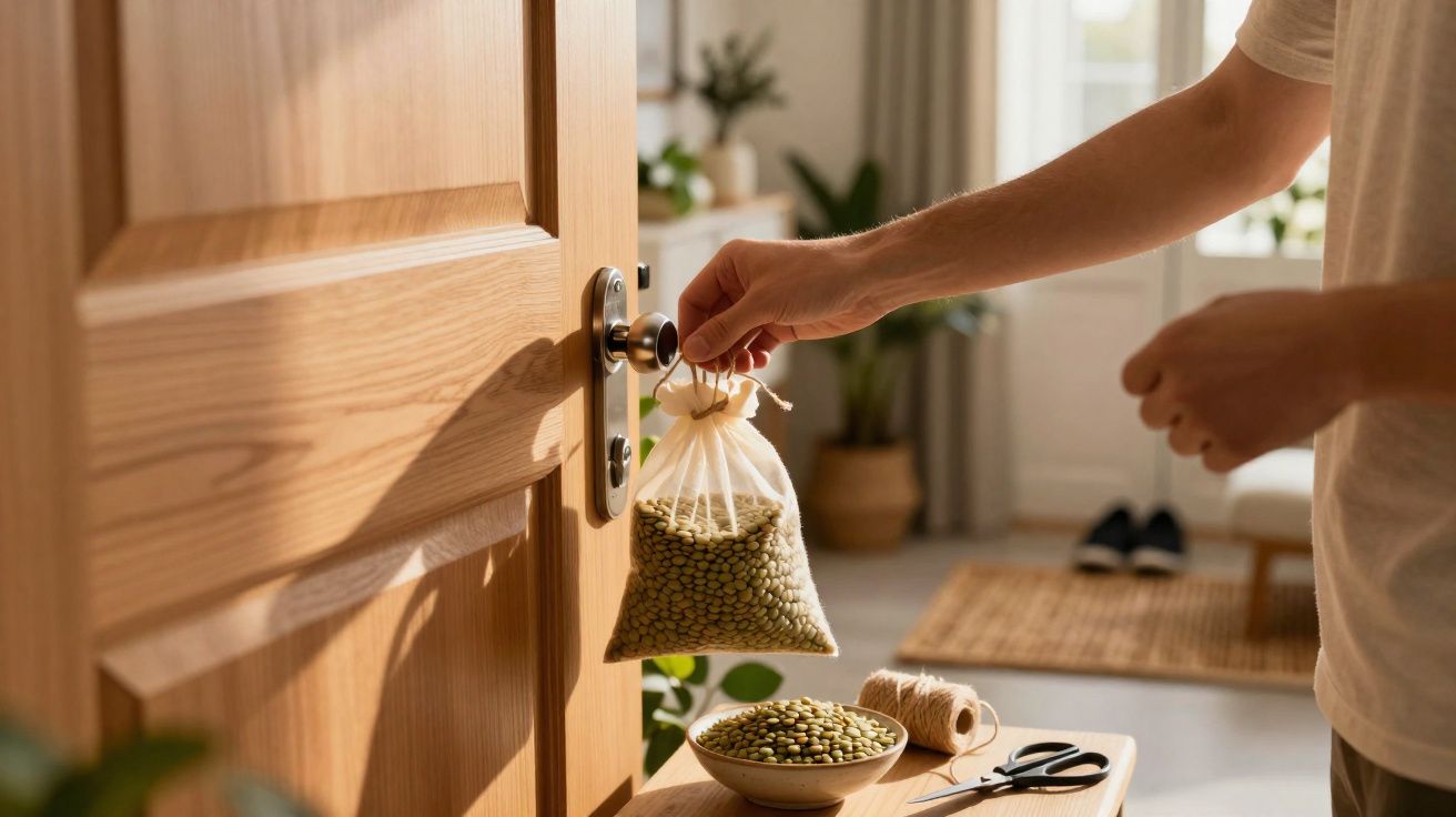 Person hanging a small bag of dried green beans on a wooden door handle in a sunlit room.